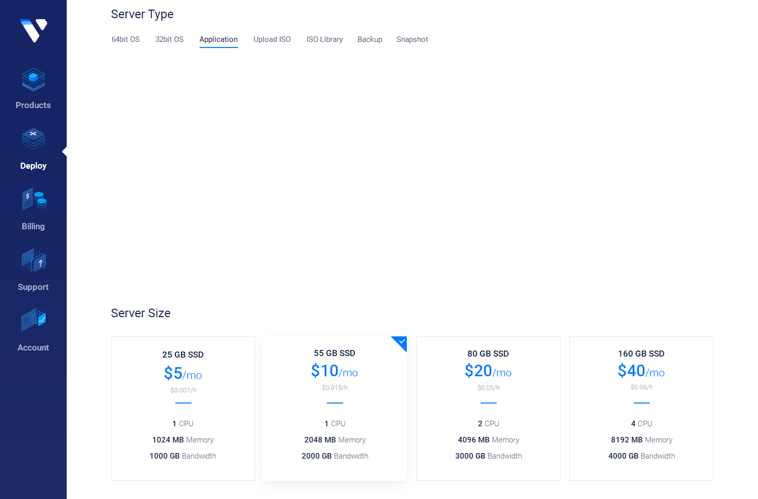 Preview of the Vultr server deploy page control panel for OpenLiteSpeed NodeJS on a web browser.