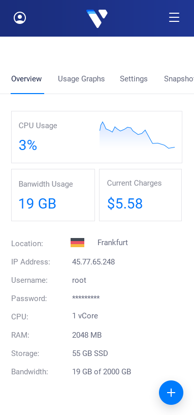 Preview of the Vultr management interface for OpenLiteSpeed NodeJS on a mobile device.